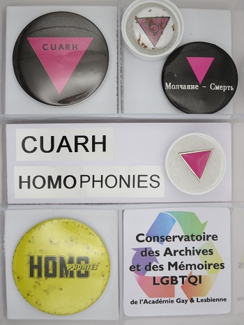 Collection de pins badges CUARH et Homophonies